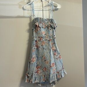Frill Seeker Eyelet Embroidery Tied Back Dress Floral Print Blue